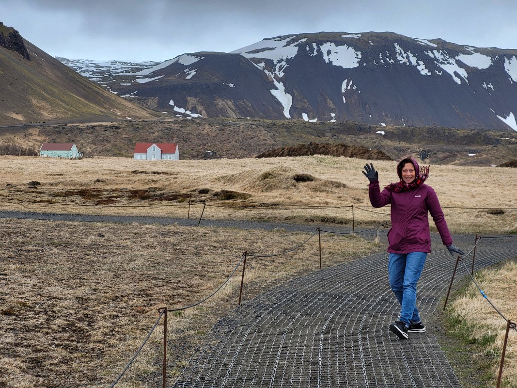 Arnarstapi - Thea walking in the freezing wind